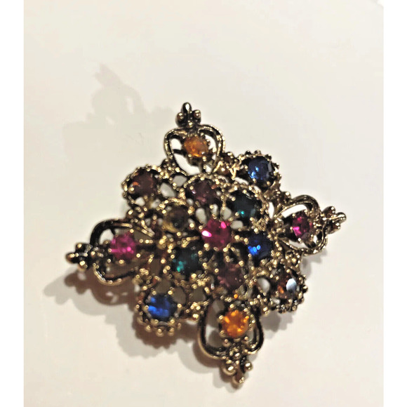 Vintage Art Deco Filigree Gold Tone And Opal Flower Brooch Pin - Picture 3 of 5